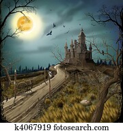 Night, moon and dark castle Night, moon and dark castle