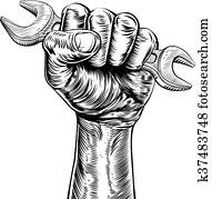 propaganda, woodcut, punho, chave parafuso participação mão