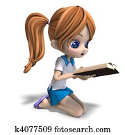 cute little cartoon school girl reads a book. 3D rendering with clipping path and shadow over white