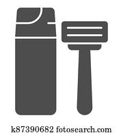 Shaving foam and razor solid icon, Hygiene routine concept, Men skincare products sign on white background, Shaving foam bottle and shave razor icon in glyph style. Vector graphics. Shaving foam and razor solid icon, Hygiene routine concept, Men skincare products sign on white background, Shaving foam bottle and shave razor icon in glyph style. Vector graphics.