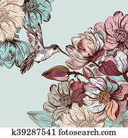 Vector background with magnolia flowers and bird in engraved style Vector background with magnolia flowers and bird in engraved style