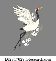 Vector watercolor set of illustrations bird crane. White stork . isolated object