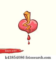 vetorial, caricatura, estilo, vermelho, coração quebrado