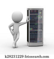 3d man with computer network server 3d man with computer network server