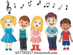 karikatur, gruppe kinder, singen, in, dass, bilden chor karikatur, gruppe kinder, singen, in, dass, bilden chor