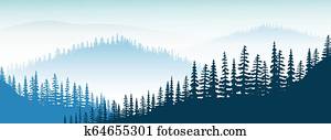 Mountain landscape. twilight, distant mountains, valley, hills, forest, mist, fog, fir trees Mountain landscape. twilight, distant mountains, valley, hills, forest, mist, fog, fir trees