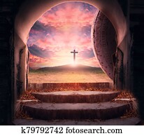 pascua domingo, concept:, tumba, vacío, con, cruz, en, ocaso, plano de fondo