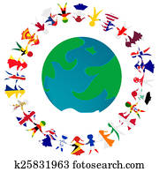 Peacce concept with Earth globe and holding hands people pattern