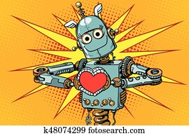 roboter, liebhaber, mit, a, rotes herz, symbol liebe roboter, liebhaber, mit, a, rotes herz, symbol liebe