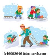 Set winter icons with little children Set winter icons with little children