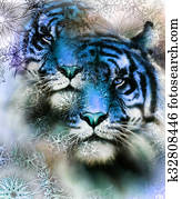 tiger collage on color abstract background and mandala with ornament, painting wildlife animals. tiger collage on color abstract background and mandala with ornament, painting wildlife animals.