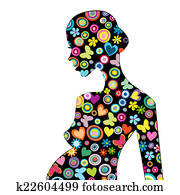 vacker, innehållsrik kvinna, profil, mönstrad, med, blomstrar