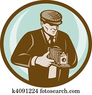 Photographer with hat aiming retro vintage camera done in retro style Photographer with hat aiming retro vintage camera done in retro style