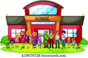 A big family in front of the school building A big family in front of the school building