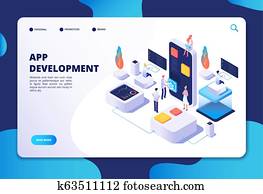 App development concept. Developer designer work on smartphone mobile application. Customized ui design isometric vector infographic App development concept. Developer designer work on smartphone mobile application. Customized ui design isometric vector infographic