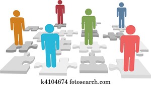 Human resources people stand on jigsaw puzzle pieces Human resources people stand on jigsaw puzzle pieces