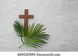 palm, söndag, bakgrund., kors, och, palm, på, grå, bakgrund.
