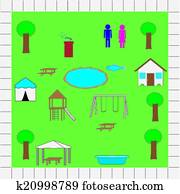 park, kaart, iconen, vector, troep