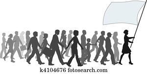 ===People crowd walk follow leader holding flag ===People crowd walk follow leader holding flag