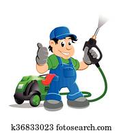 Worker with water blaster pressure Worker with water blaster pressure