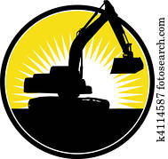 escavador mecânico, com, sunburst, em, fundo