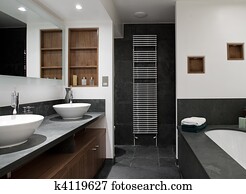 luxo, banheiro, com, seu, e, Hers, pias