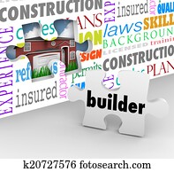 constructor, pedazo del rompecabezas, pared, nuevo hogar, construcción edificio, palabras