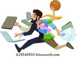 Cartoon super busy man and father multitask doing many works 