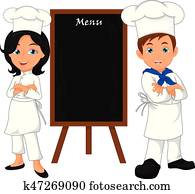 chef with blank wooden menu board