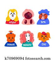 Dog beauty salon. Funny puppies character in the spa. Grooming vector cartoon set of cute pets isolated on background. Dog beauty salon. Funny puppies character in the spa. Grooming vector cartoon set of cute pets isolated on background.