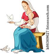 mère, marie, tenant bébé, jésus, vecteur, dessin animé, chrétien, illustration, isolé, blanc