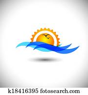 oceânicos, conceito, vetorial, -, bonito, manhã, amanhecer, ondas, &, pássaros