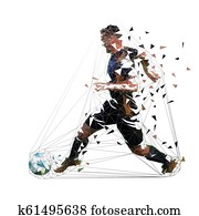 futbolista, en, negro, jersey, funcionamiento, con, pelota, extracto, bajo, poly, vector, drawing., jugador del fútbol, patear, ball., aislado, geométrico, colorido, ilustración, vista lateral
