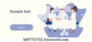 mélange, course, chirurgiens, équipe, entourer, patient, mensonge, sur, opération, table, pendant, chirurgie, monde médical, ouvriers, dans, opération, salle, espace copy, horizontal, plat, longueur pleine