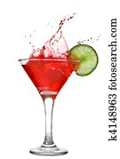 Red cocktail with splash and lime isolated on white