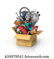 Auto parts in the card box. Automotive basket shop. Auto parts store. Auto parts in the card box. Automotive basket shop. Auto parts store.
