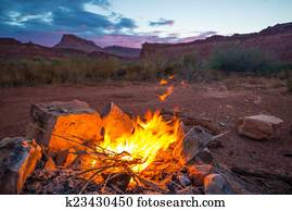 Bonfire after Sunset Camping in Utah 