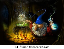 desenho, fada, astuto, wizard, em, caverna