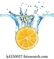 Fresh lemon dropped into water with splash isolated on white