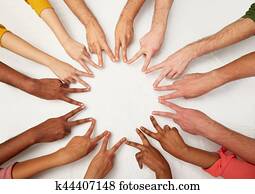 grupo, de, internacional, pessoas, mostrando, sinal paz