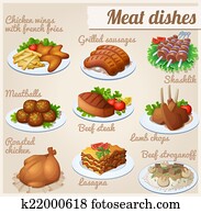 קבע, של, אוכל, icons., בשר, dishes.