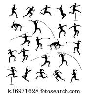 esportes, atletas, trilha campo, silueta, jogo