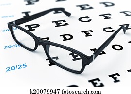 Eye glasses and eye chart. 3d image Eye glasses and eye chart. 3d image