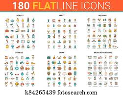 Flat thin line icons vector illustration set with beauty fashion salon symbols, fitness sport, wedding party entertainment and drink cocktails, media advertising Flat thin line icons vector illustration set with beauty fashion salon symbols, fitness sport, wedding party entertainment and drink cocktails, media advertising