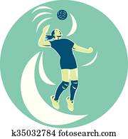 jogador voleibol, spiking, alto, círculo, retro