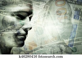 Human man face and dollars double exposure.