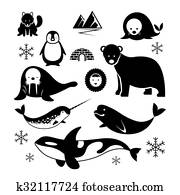 arktisch, tiere, silhouette, satz arktisch, tiere, silhouette, satz