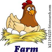 Farm emblem with a hen sitting on eggs Farm emblem with a hen sitting on eggs