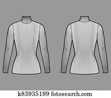 Turtleneck ribbed-knit sweater technical fashion illustration with long sleeves, close-fitting shape, tunic length. Turtleneck ribbed-knit sweater technical fashion illustration with long sleeves, close-fitting shape, tunic length.