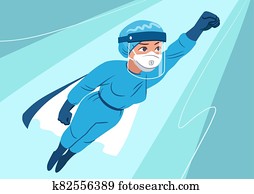 אישה צעירה, ללבוש, רפואי, אישי, הגנה, התאם, עם, צפה, shield,, mask,, כפפות, לטוס, ב, סופרגיבור, pose., חזית, קו, מהותי, workers,, רפואי, staff,, רופאים, להלחם, coronavirus, pandemic.